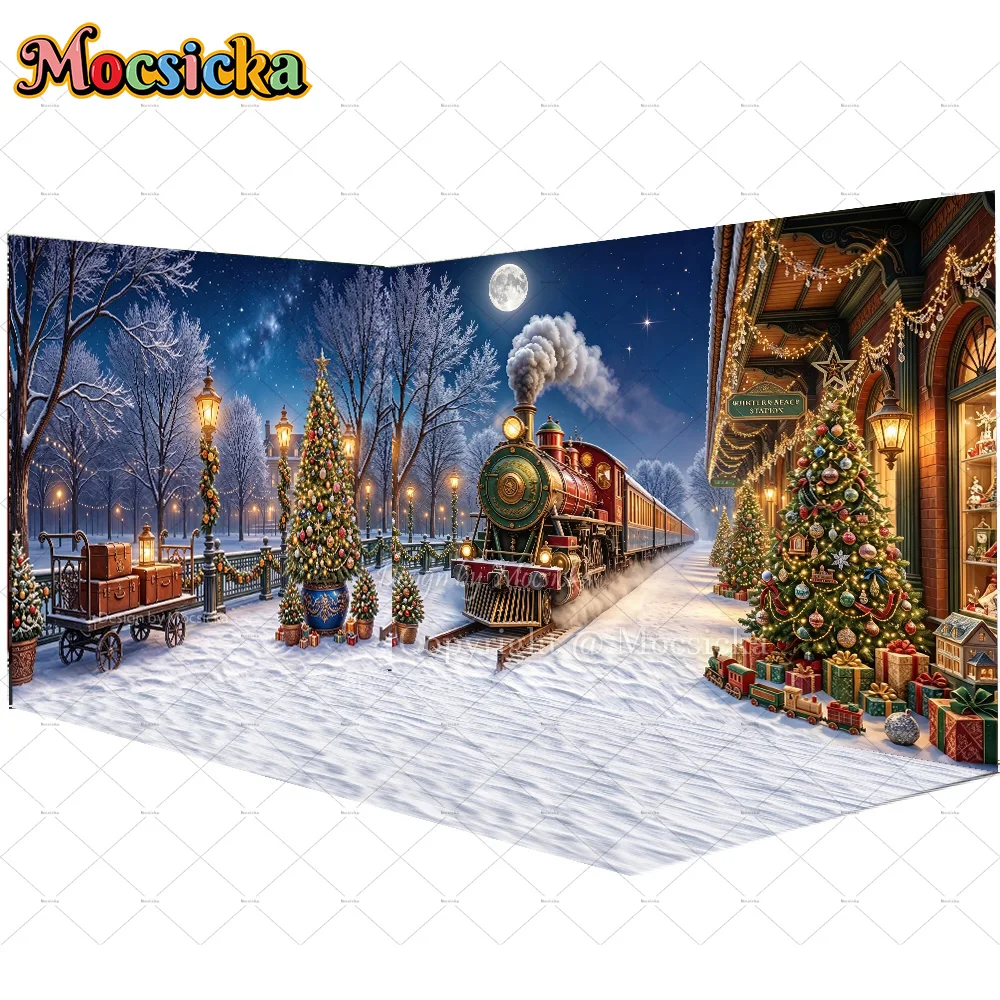 Fondo Fotográfico Mocsicka con Estación de Tren Navideña, Escena 3D de Noche Invernal del Expreso Polar, para Fotos de Fiestas Familiares