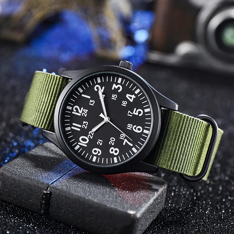 Camping Men\'s Fashion Nylon Woven Band Quartz Watch Air Force Field Watches Men Big Numbers Simple Sports Watch 24 Hours Display