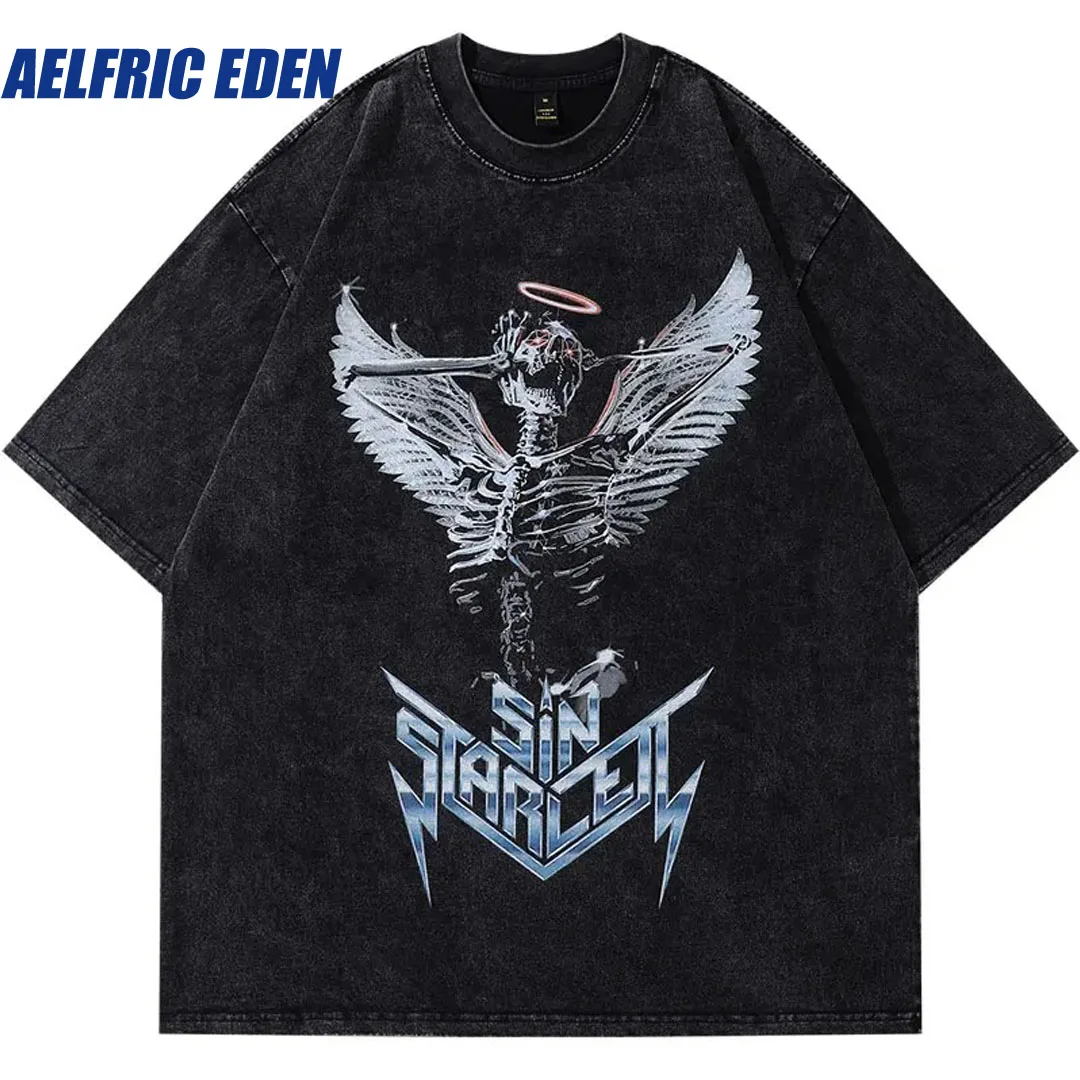 

Aelfric Eden Vintage T-Shirt Hip Hop Skeleton Skull Angel Wings Graphic Print Oversize Tshirt Harajuku Punk Gothic Oversized Top