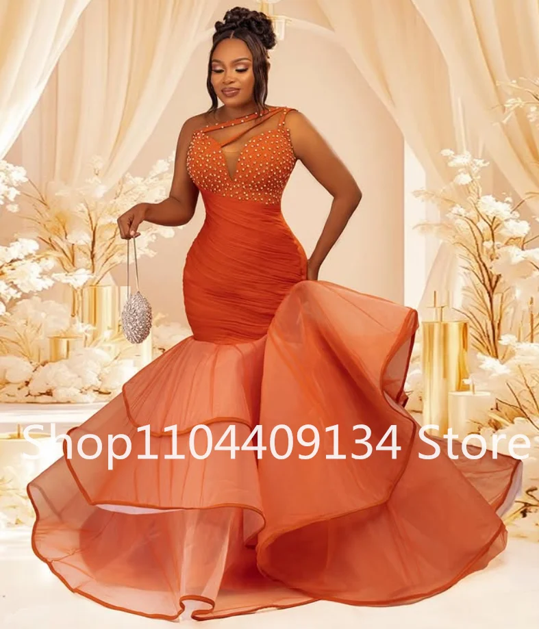 فساتين رسمية طويلة بحورية البحر باللون البرتقالي للحفلات الراقصة الأفريقية لؤلؤية بكتف واحد وكشكشة تنورة Aso Ebi مناسبة مسائية مخصصة