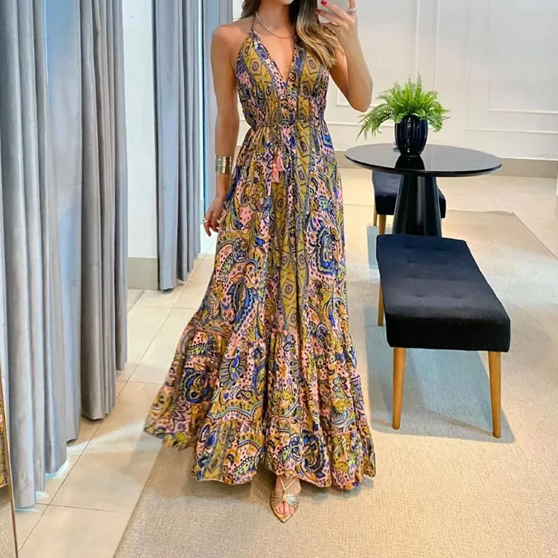 Vintage Printed Tie-up Bohe Suspender Dress Women Elegant V-neck Hight Split Long Dress Summer Sexy Sleeveless Beach Cover Up