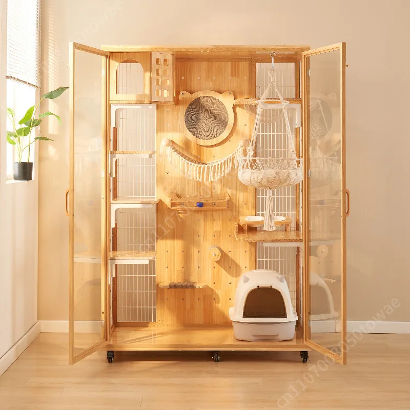 Solid Wood Extra Large Panoramic Cat Cabinet Modern DIY Villa with Button Closure Space-Saving Household Free-Space Cat House
