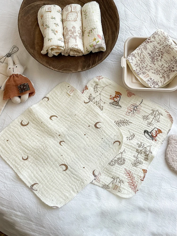 5Pcs Baby Crepe Gauze Square Towels, Cartoon Floral Embroidered Bibs, Breathable and Non-Stuffy, Baby Face Towels, Nursing Handkerchiefs, Multi-Color Combination Pack, Newborn Care Face Wipes, Multipl image 3