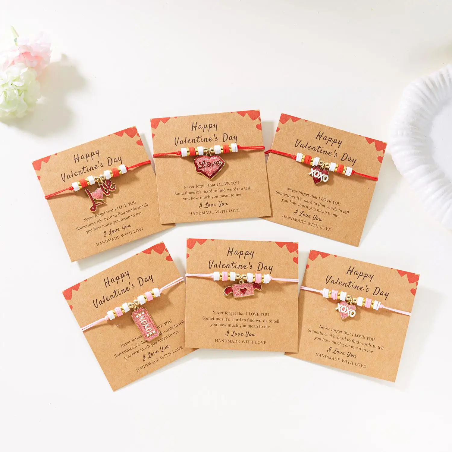 Vntine's Day-pulsera de corazón de amor tejida a mano para mujer, pulsera de cordón personalizada, fabricante chino