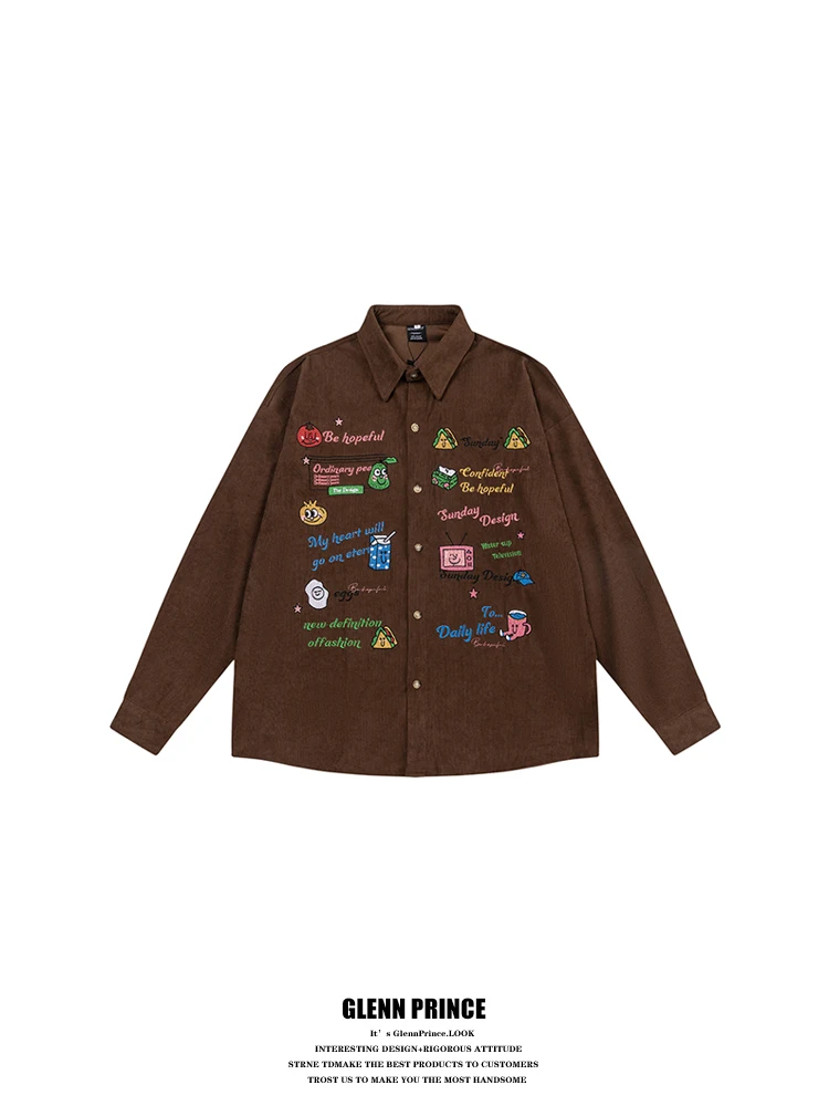 Lazy Style Men's Long Sleeve Shirt Embroidered Corduroy GPstudio American Retro Cartoon Stitching Autumn Outerwear Jacket