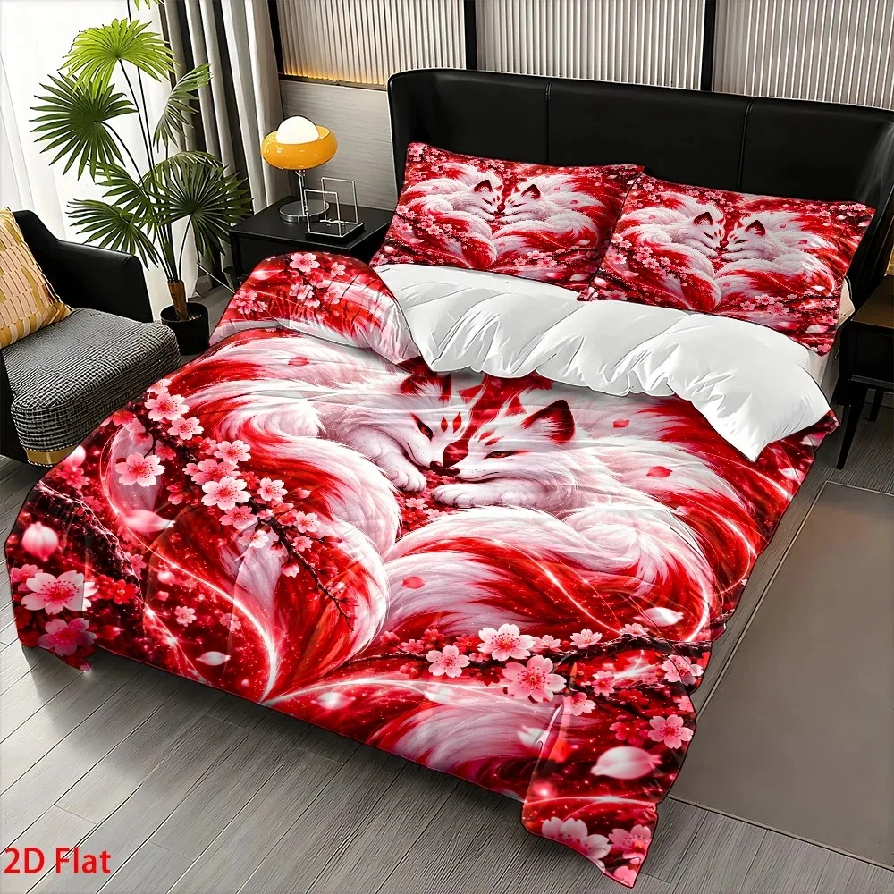 2D Duvet Cover Set with Red Nine-Tailed Fox Embracing a Heart-Shaped Pattern, Dreamy Light and Shadow Anime Style, Valentine's Day Limited Edition Ultra Soft Brushed Bedding 3 Piece Set for Bedroom Hotel