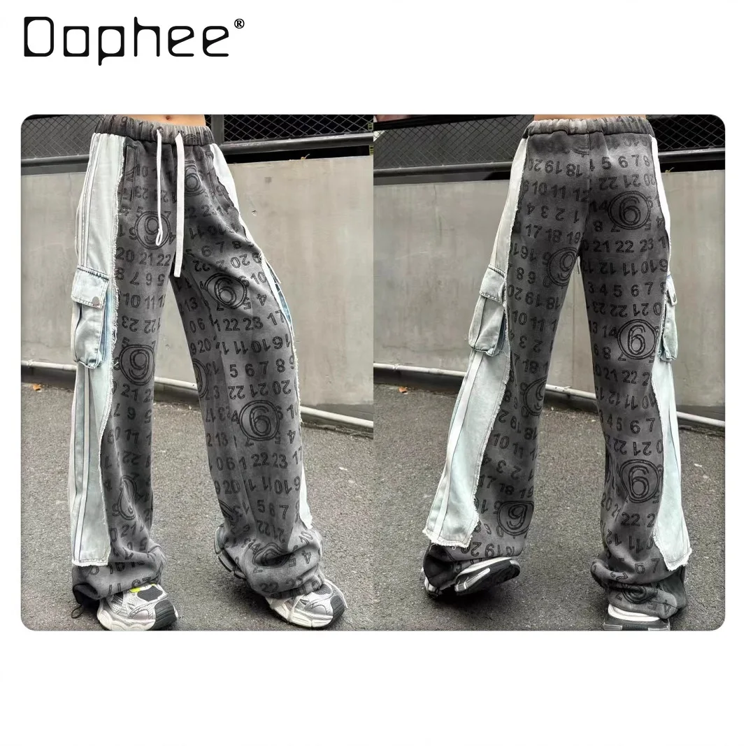 

European Style Women's Jeans 2025 Autumn New Heavy-duty Large Pocket Letter Print Patchwork Washed Cotton Gray Long Pants