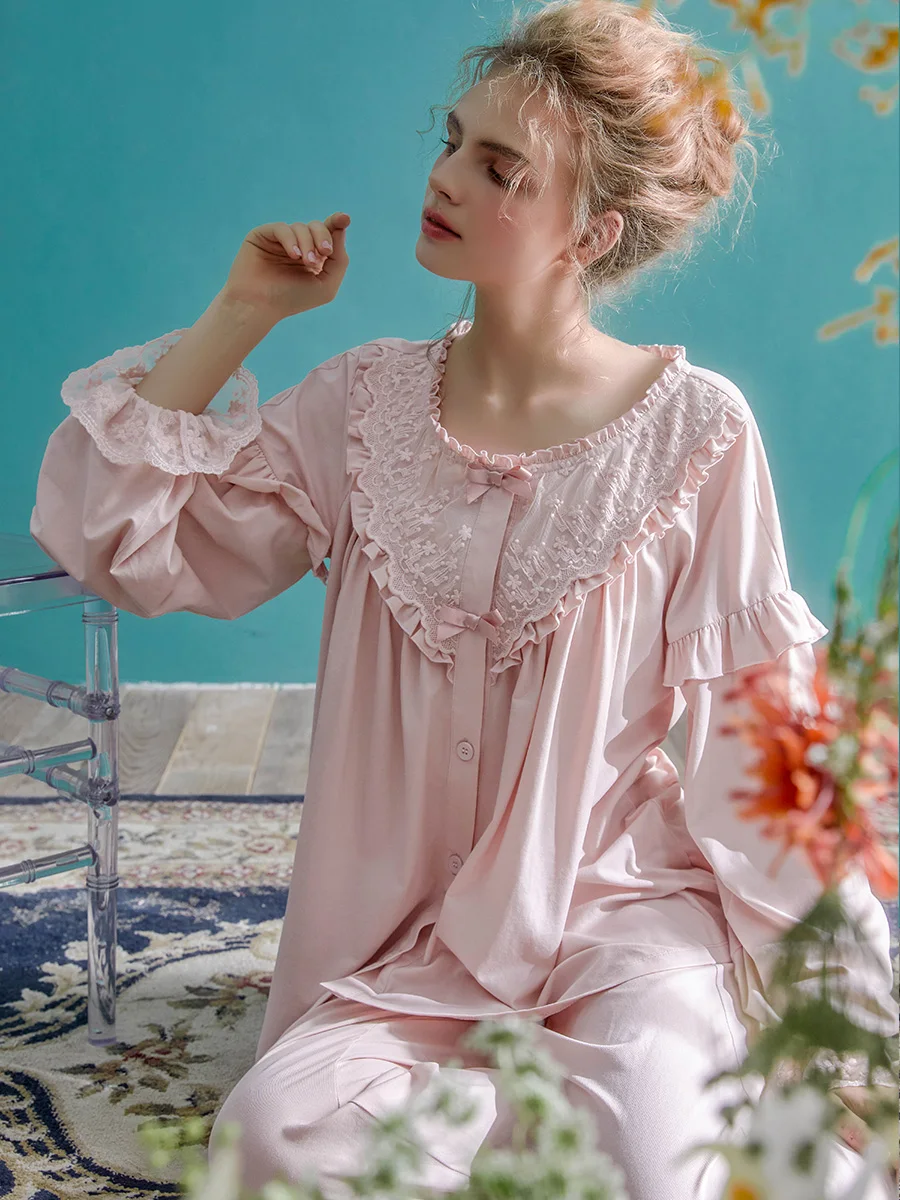 Vintage Gorgeous Soft Cotton Women\'s  Pajamas Sets Long Sleeve Delicate Elegant Embroidery Sleepwear Spring Autumn Loose Nighty