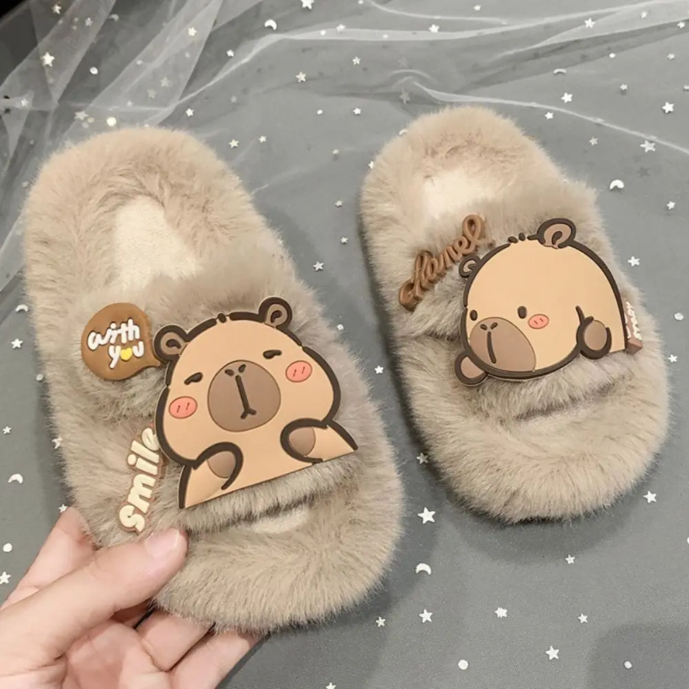 الإبداعية الأطفال الدافئة كابيبارا النعال Kawaii المطاط وحيد كابيبارا نعال قماش طويلة أفخم رقيق الشتاء أحذية المنزل غرفة نوم