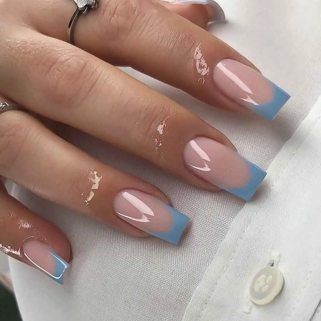 48PCMedium Press Nail Square And Press Toe Nail Set, Blue French Pointed Full Coverage Nail, French Press Toe Nail, Acrylic Nail
