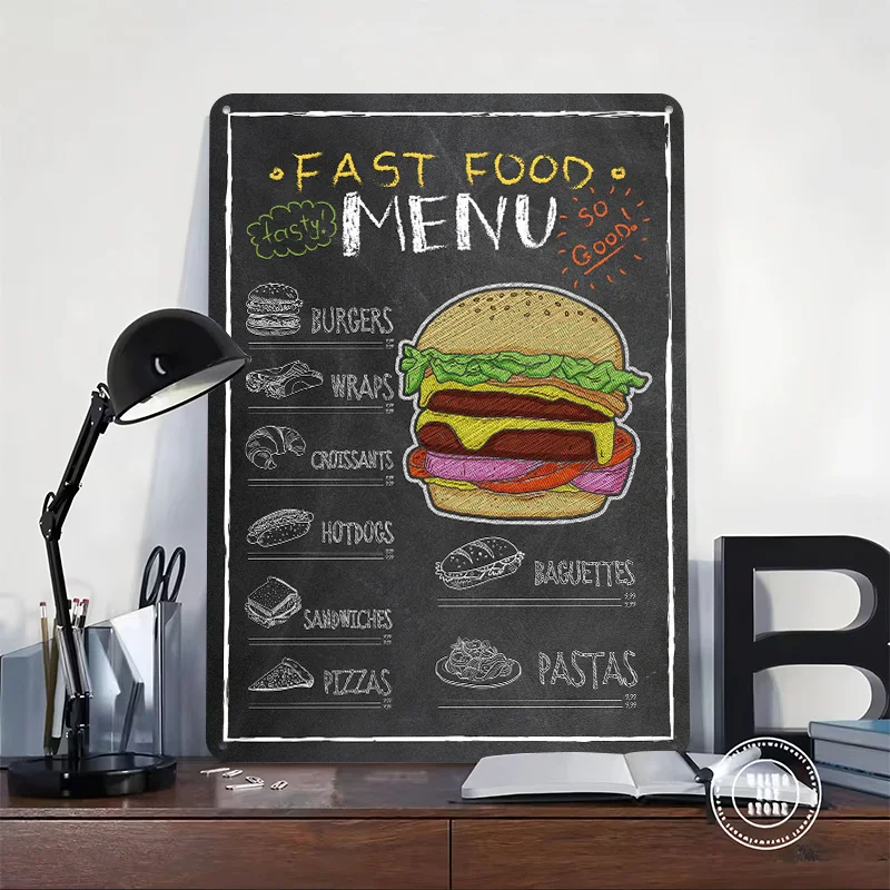 Hamburger Burger Food Menu Tinplate Poster Custom Wall Art Vintage Metal Signs Retro Tin Plaque for Decoration Home Decor Items