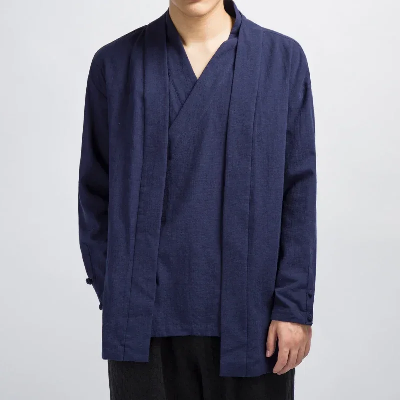 Chinese Style Men Linen Hanfu Cardigan Tops Zea Tea Kung Fu Shirts Japanese Kimono Jackets Coats Robe Oriental Fashion Clothing