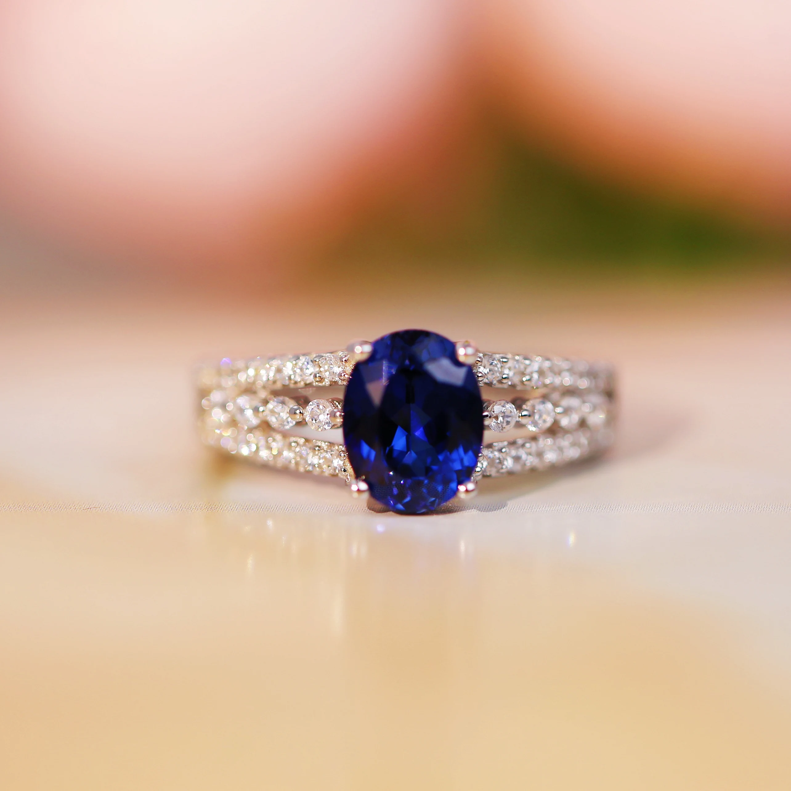 

Oval Lab-Grown Sapphire Ring with Triple imitation Diamond-Paved Bands gold Plated Silver (Perfect Christmas & New Year Gift)