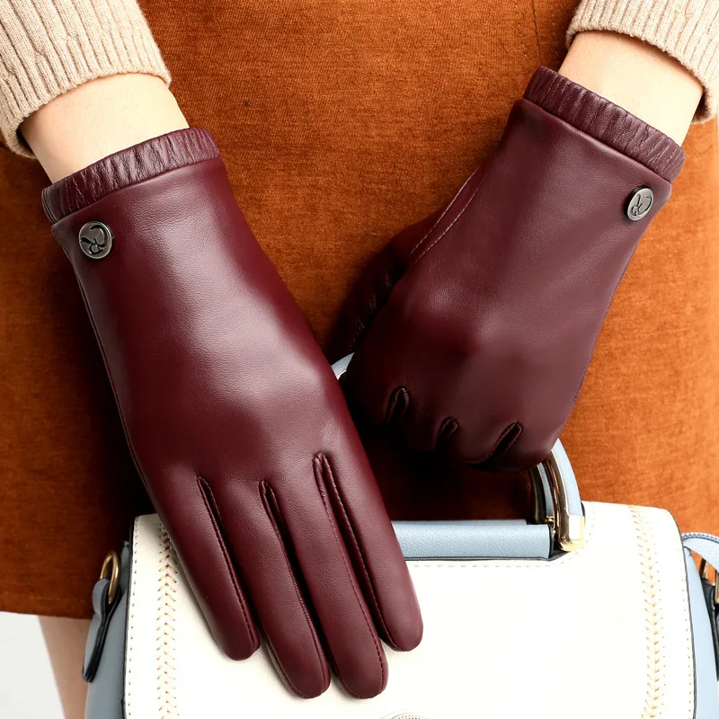 

Genuine Leather Gloves Women Thickened Warm Cycling Driving Touchscreen guantes de cuero Sheepskin Full Finger Lady Gloves