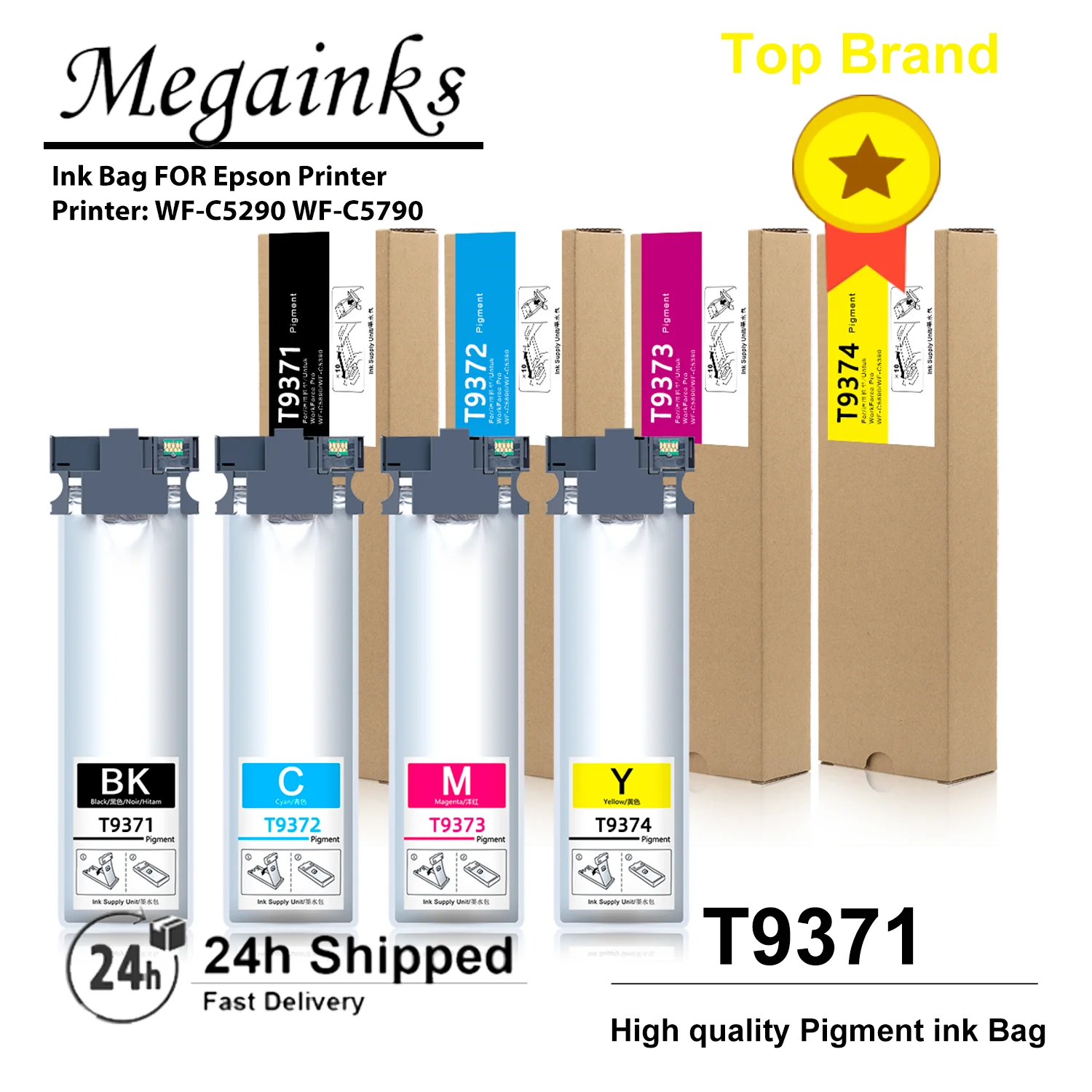 

1Set T9371 T9372 T9373 T9374 Ink cartridge For Epson WF-C5790 WF-C5290 Printer Ink bag with Chip Pigment Ink Australia