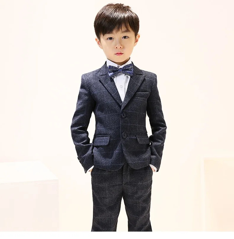 Children Plaid Gary Jacket Vest Pants Bowtie 4PCS Photograph Suit Kids Tuxedo Dress Birthday Party Costume Boys Wedding Dress