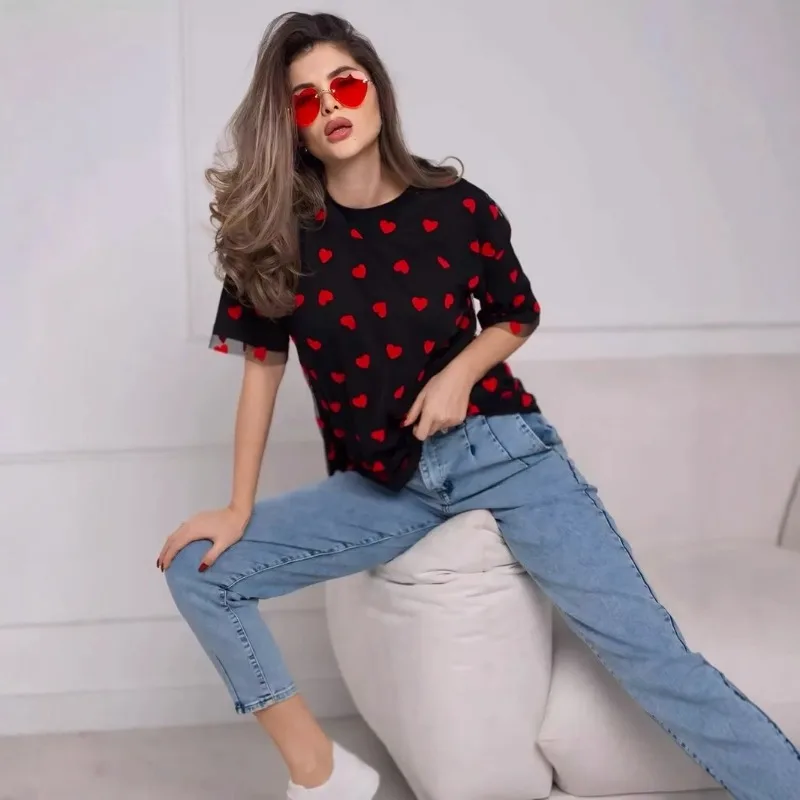 

Новая женская футболка с коротким рукавом и круглым вырезом, свободного кроя, с сетчатыми вставками, в европейско-американском стиле, для трансграничной торговли