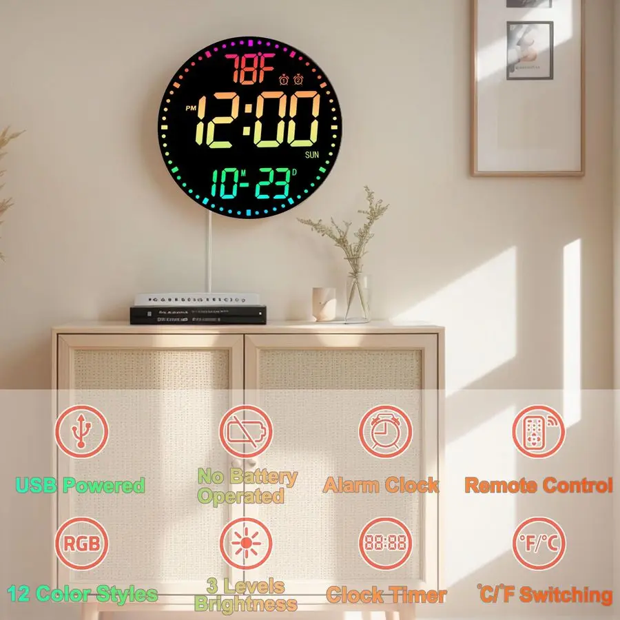 12 RGB Color Changing Digital Wall Clock with Remote Control LED Display Plugin Clock with 3 Brightness Levels amp Temperature D