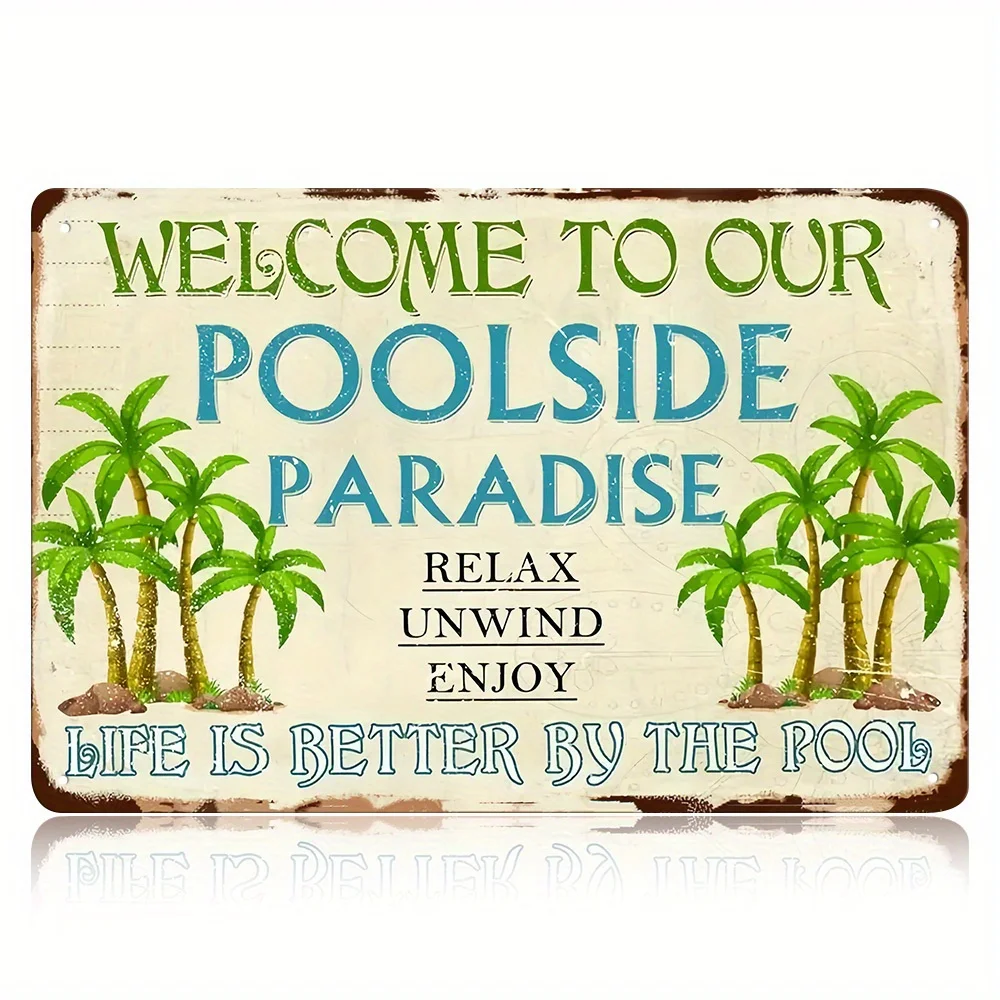 Vintage Poolside Paradise Metal Sign – Funny Family Beach Wall Decor with Tropical Tree Design – 