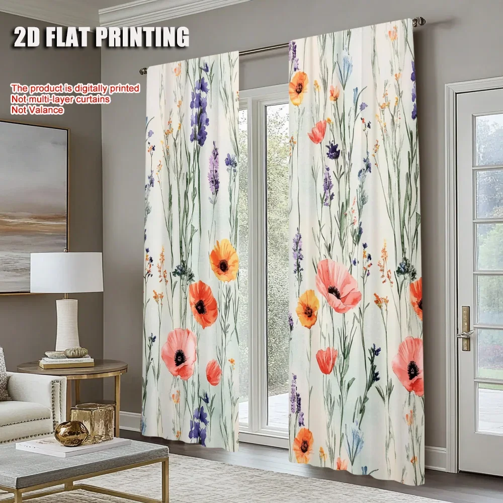 2Pcs Spring Garden Curtain Romantic Wild Flower Print Pattern Red Blue Purple Flowers Country Style Curtain Elegant Four Seasons