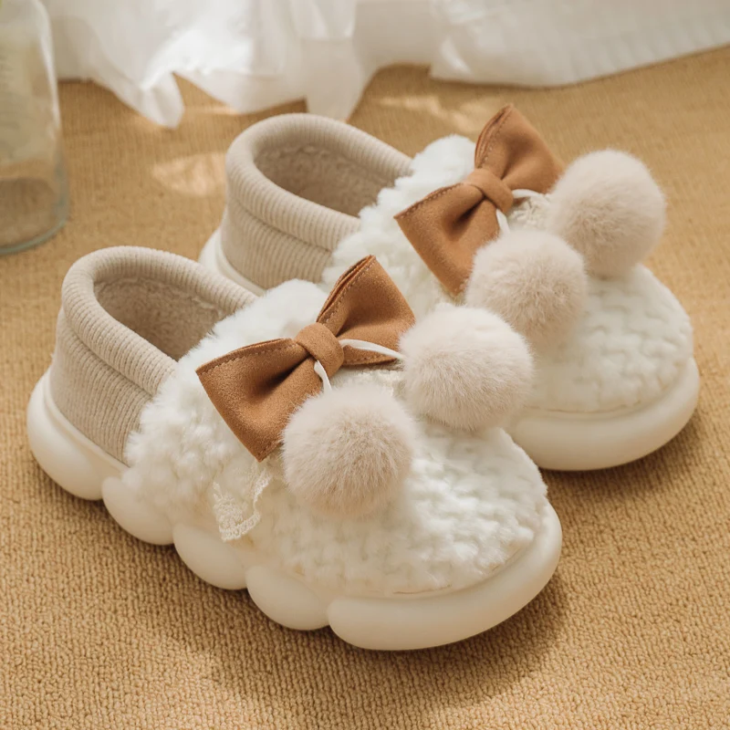 

Winter Warm Sweet Lovely Home Fluffy Slippers Women Bow Soft Thicken Plush Winter House Shoes Woman Non-Slip Warm Slides