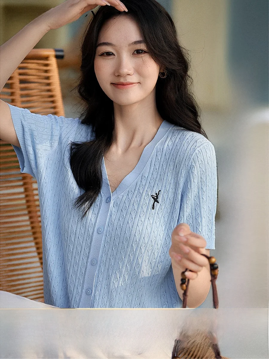 

Elegant Ruched Short Sleeve Knitted Cardigan by Xhange for Women Ballet Dancer Style Breathable V-Neck Cotton Silk Blend Top