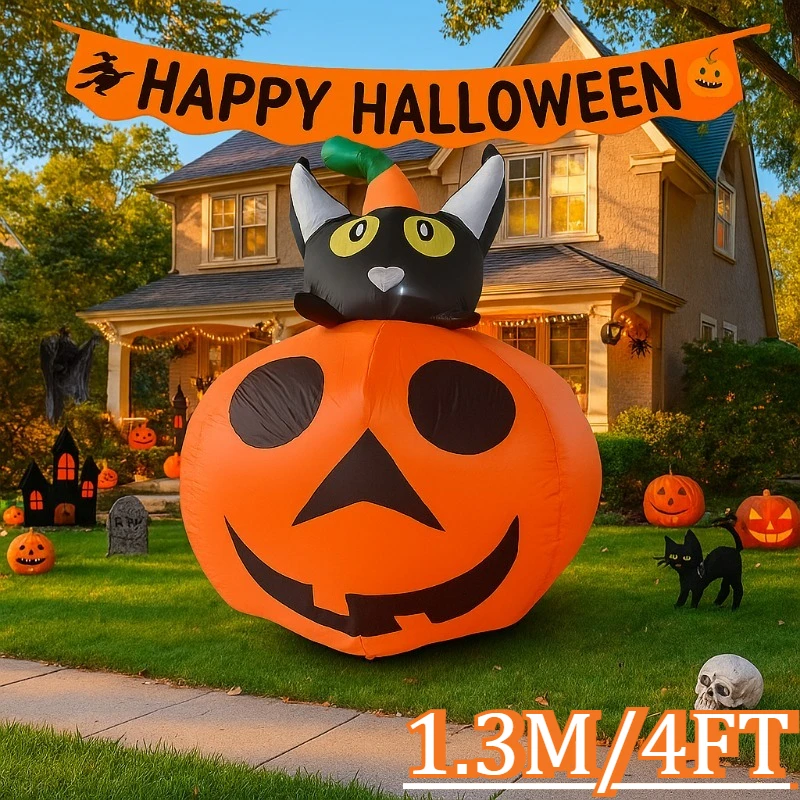 

4FT Holiday Lighting Halloween Inflatable Toys Black Cat Sit on Pumpkin with LED Lights Decorations Outdoor Courtyard Home Decor