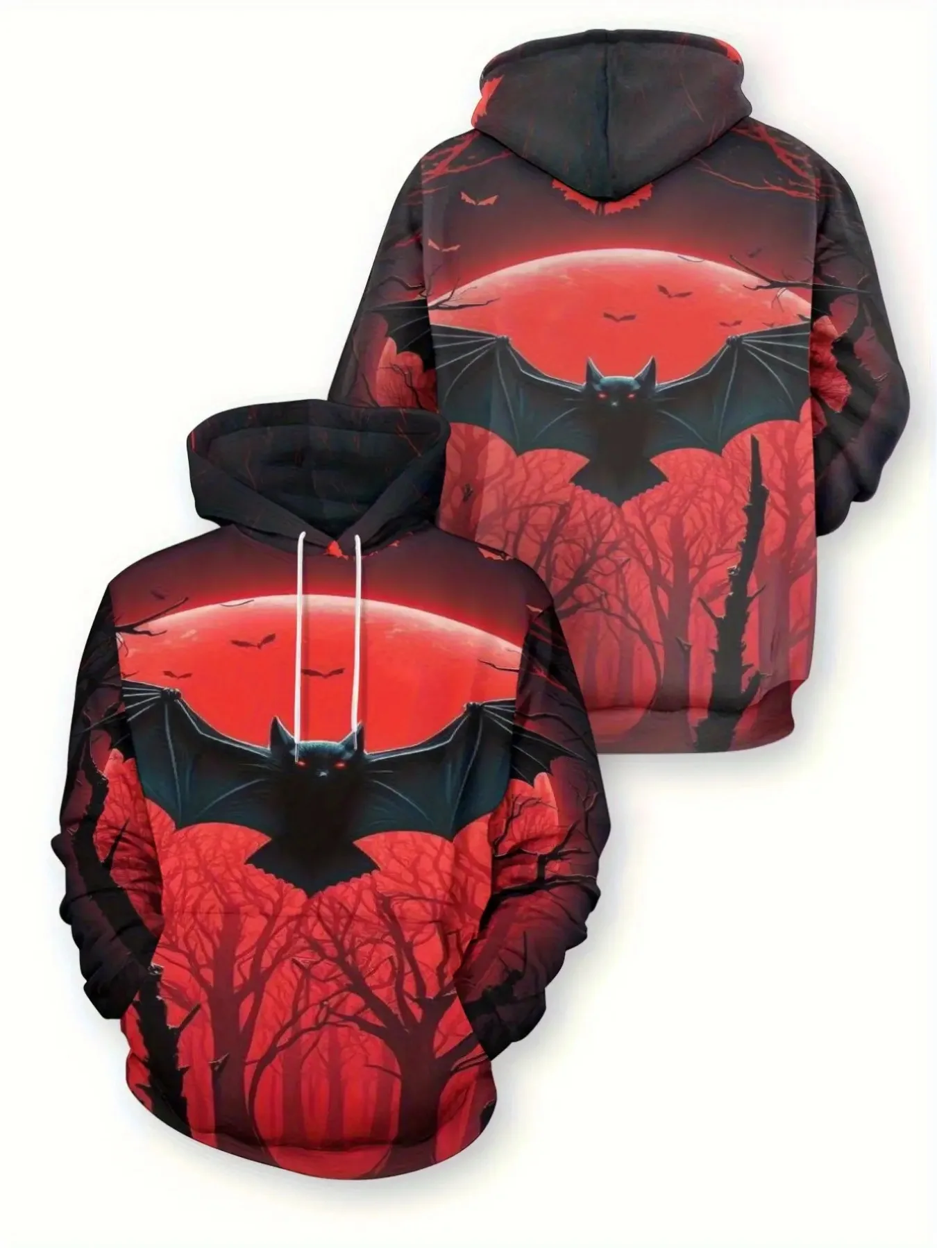 Halloween Spooky Men Hoodie 3D Bat Red Blood Moon Dark Forest Print Pullover Sweatshirt Horror Party Street Hooded Tops