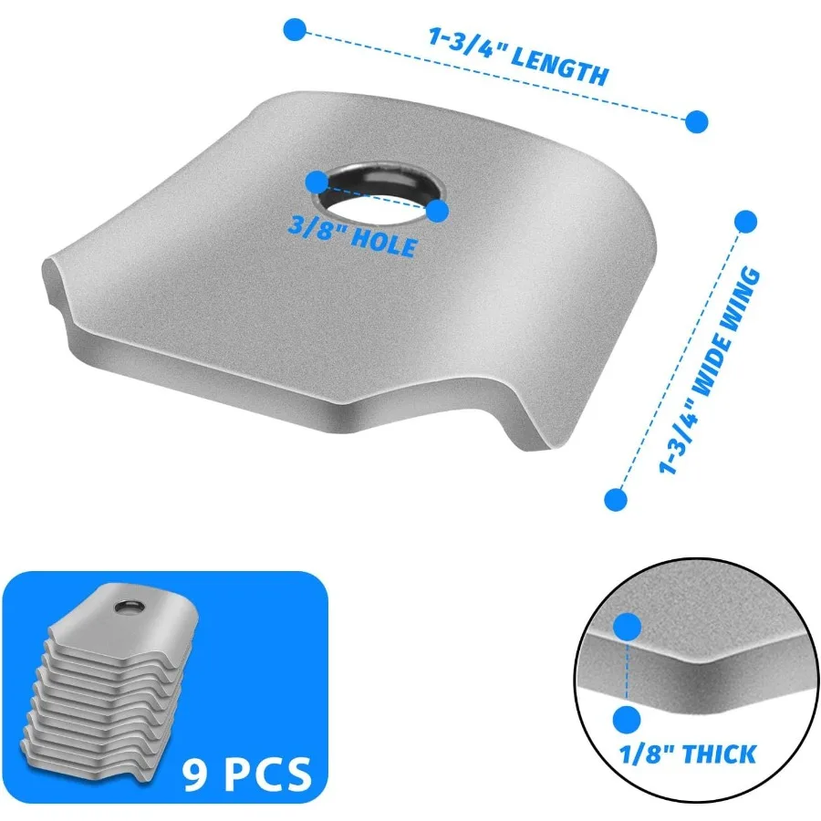 Trick Tabs Weld Tabs Universal Soldadura en pestañas con orificio de 3 y 8". 1 8" de espesor 13 4" de ancho ala 13 4" de longitud Paquete de 9