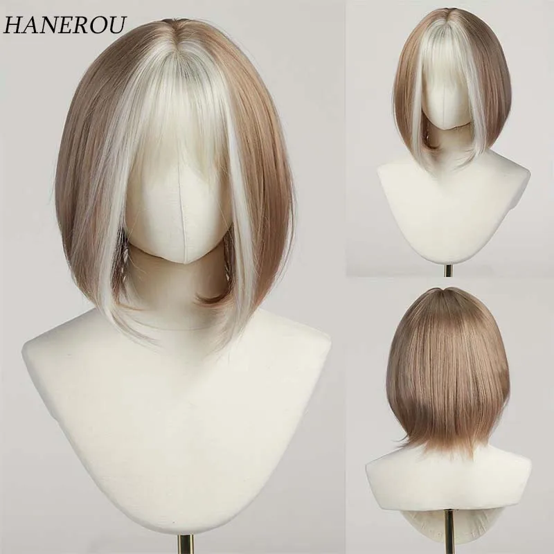 

Mixed Brown Bob Wig with Bangs Synthetic Short Straight Wigs Cosplay Party Hair Wig for Women Heat Resistan