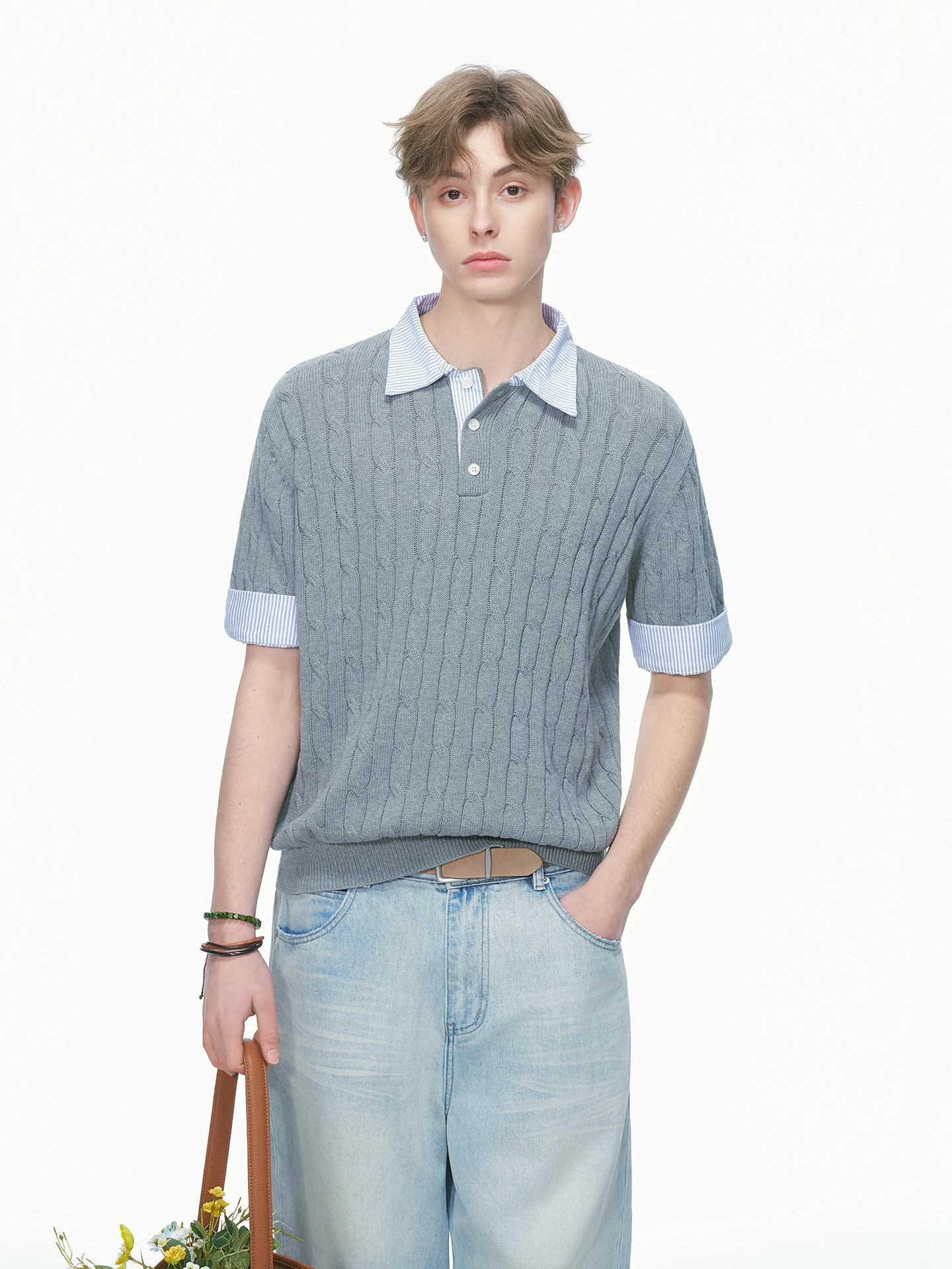 Dream Made Knitted Stripe  Shirt Short Sleeve Unisex Summer Fake Two-Piece T-Shirt Breathable Cotton Casual Fashion