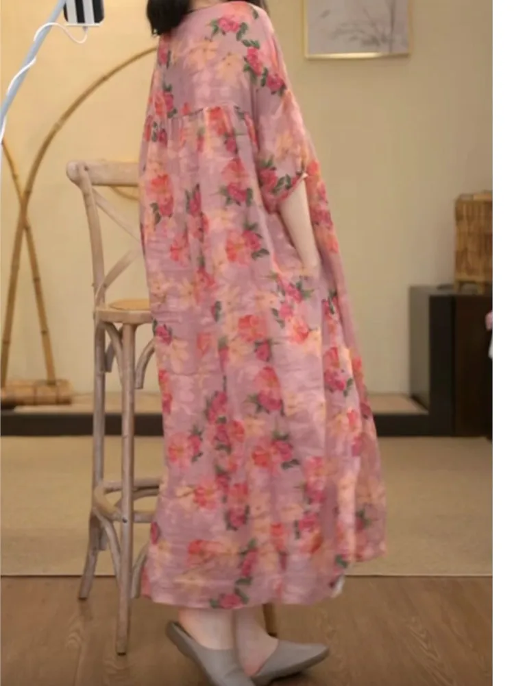 Oversized zomerbloem bloemen roze jurk dames casual losse damesjurken modis vrouw lange jurk boho chic