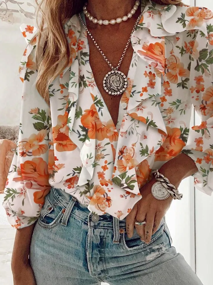 Shirt Women\'s Autumn New Item Chiffon Fashionable Printed Shirt Sexy V-neck Ruffle Edge Single Breasted Long Sleeved Top