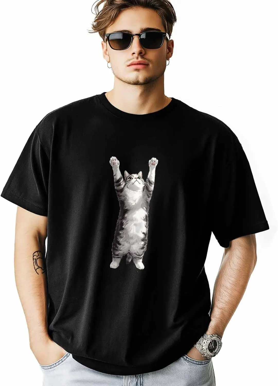 Men's T-Shirts Cute Cat Stretching Crew Neck Short Sleeve Graphic Tees 100% Cotton Trendy Y2K Short-Sleeve Tee – Soft, Quick-Drying, All Occasion Casual  Suitable For Concert Party Hanging Out Sightseeing Trip