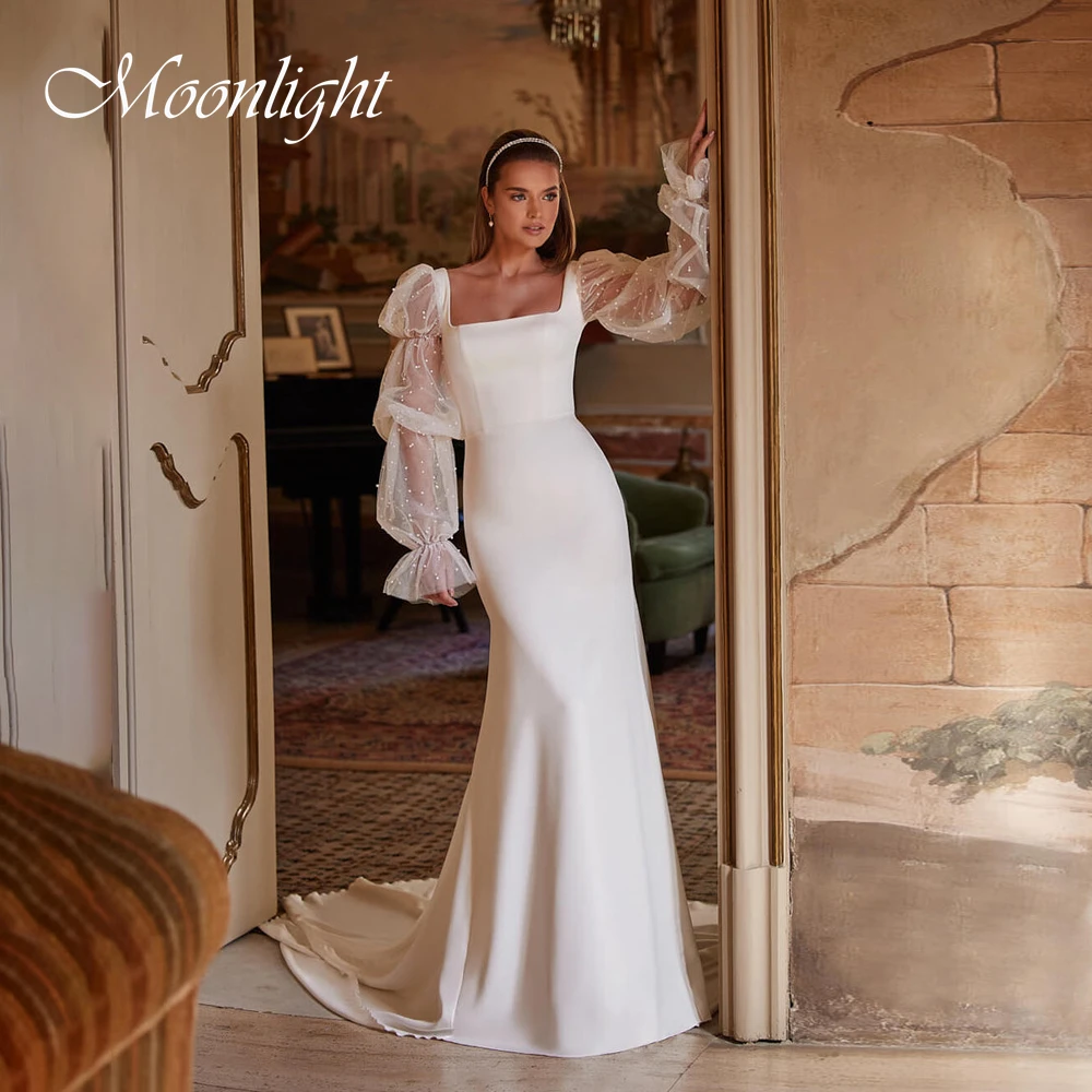 

Elegant Square Collar Mermaid Wedding Dress Women Lantern Sleeve Open Back Sweep Train Bridal Gown Vestidos De Novia Customized