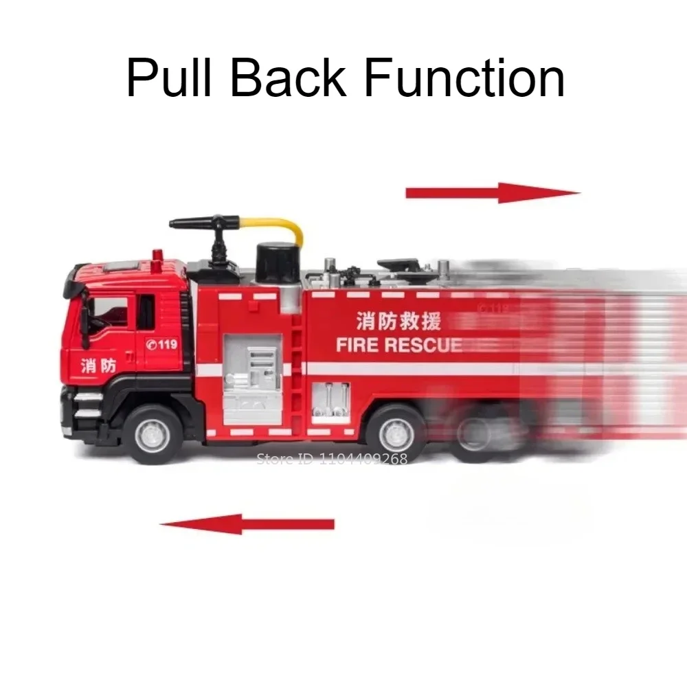 Modelo de coche de bomberos a escala 1:50, juguete de Metal fundido a presión, luz de pulverización de agua, sonido, modelos de vehículos de ingeniería, regalos para niños