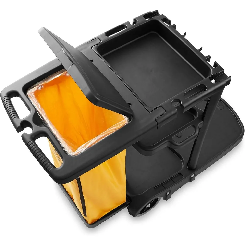 عربة التنظيف التجارية على عجلات - علبة التدبير المنزلي باللون الأسود مع غطاء وأرفف وحقيبة من الفينيل