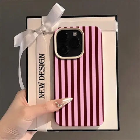 Korean Style Wine Red Pink Stripes Phone Case For iPhone 18 17 16 15 14 13 12 11 Pro Max Plus 17 Silicone Matte Shockproof Cover