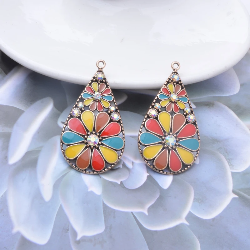 10 Stück/Set Böhmischer Stil Legierung Retro Rot Emaillierte Blumen-Wassertropfen-Anhänger Schmuckzubehör Ohrringe Gelbe Sonnenblumen-Charms – Detail 11