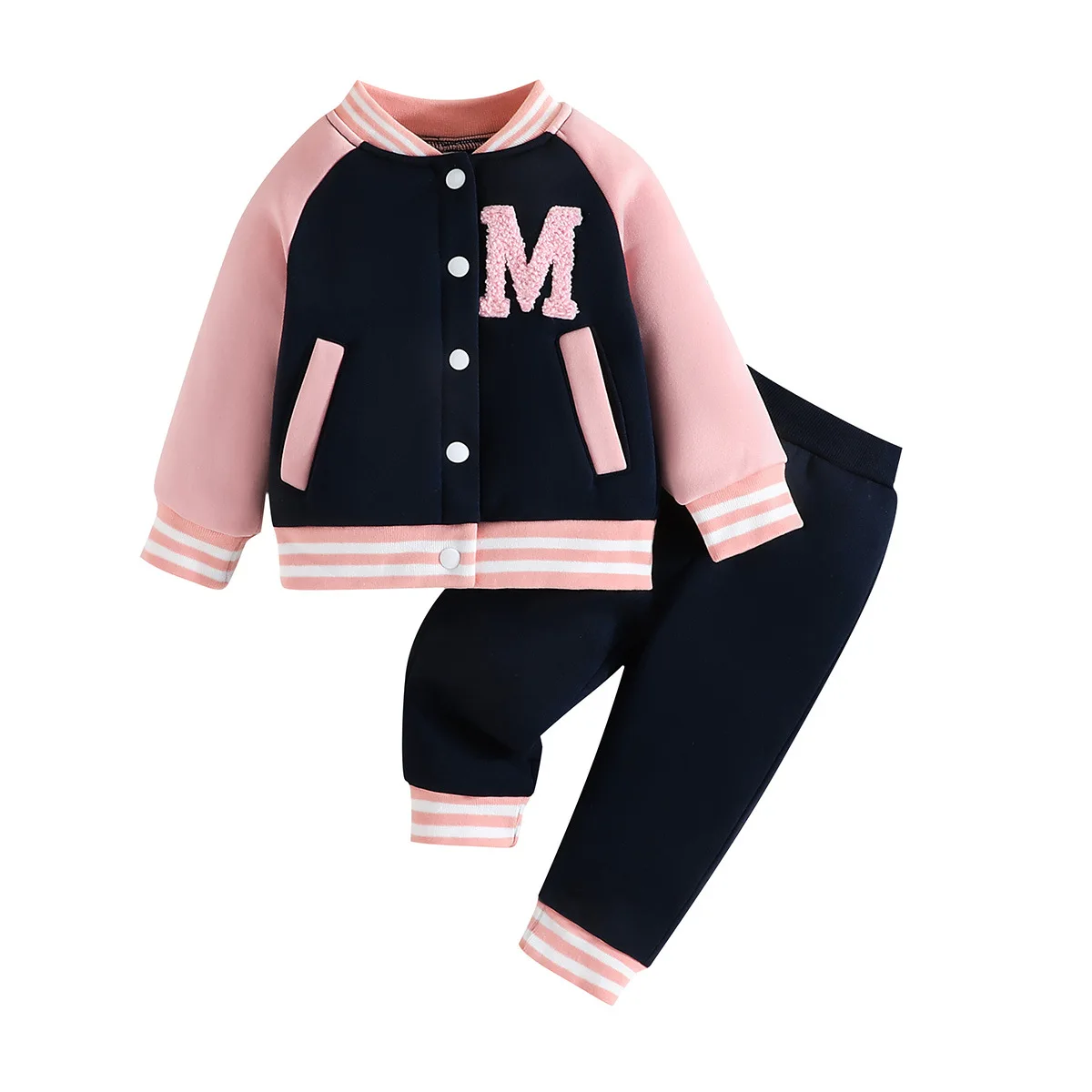 Fall New Fashion Casual Sporty Style Plush M Alphabet Color-Blocked Capless Children\'s Baseball Jersey Two-Piece Set