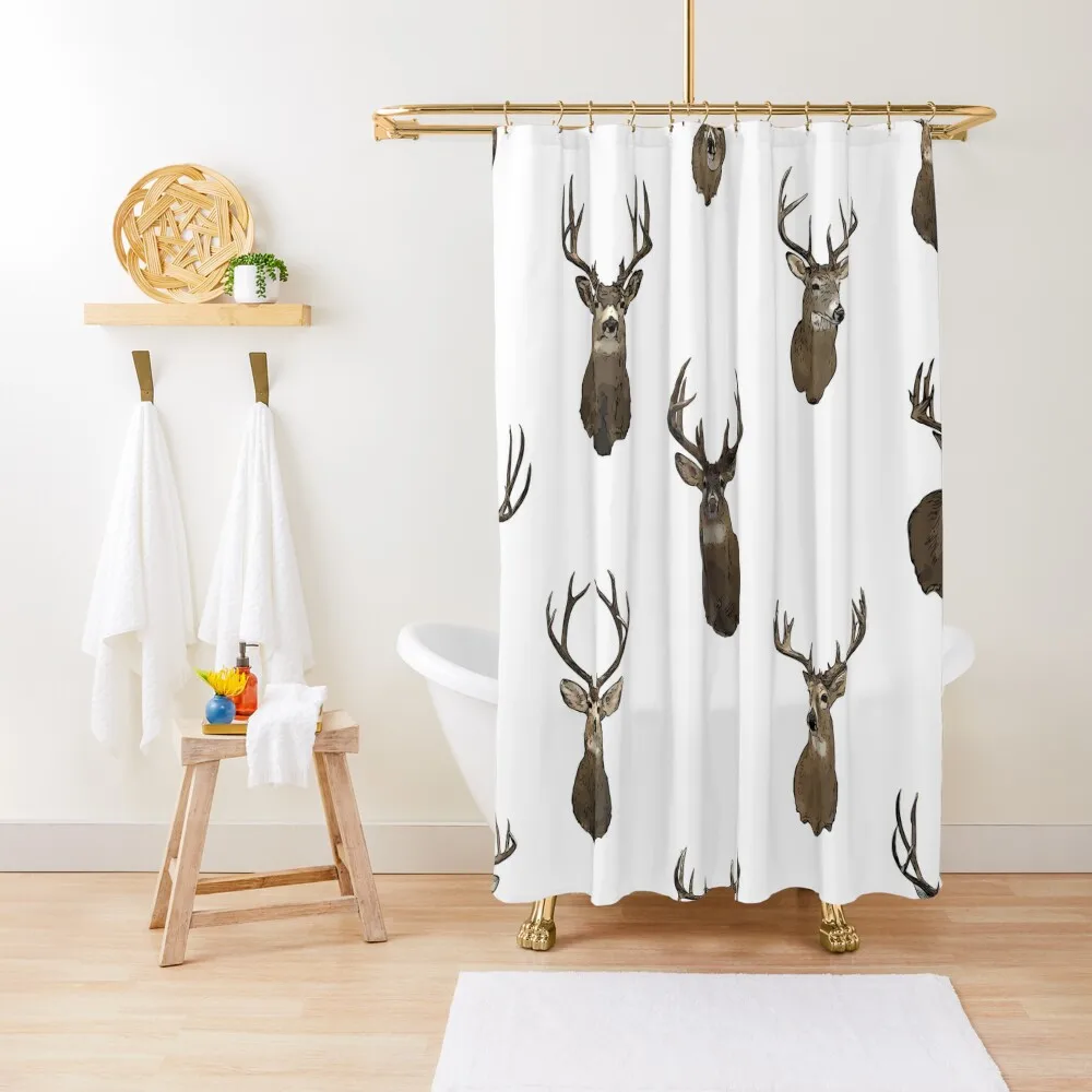 

Antlered Whitetail and Mule Deer Head Repeating Pattern Shower Curtain Anime Bathroom Elegant Bathroom Curtain
