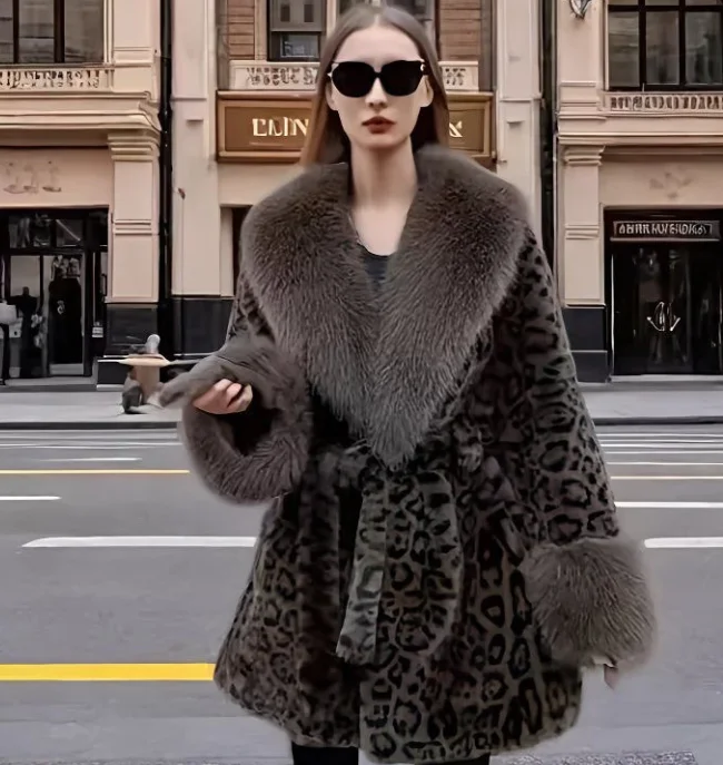 Imitation Mink Mid-Length Coat with Luxury Fox Fur Collar - Slim Fit, High-Fashion Style