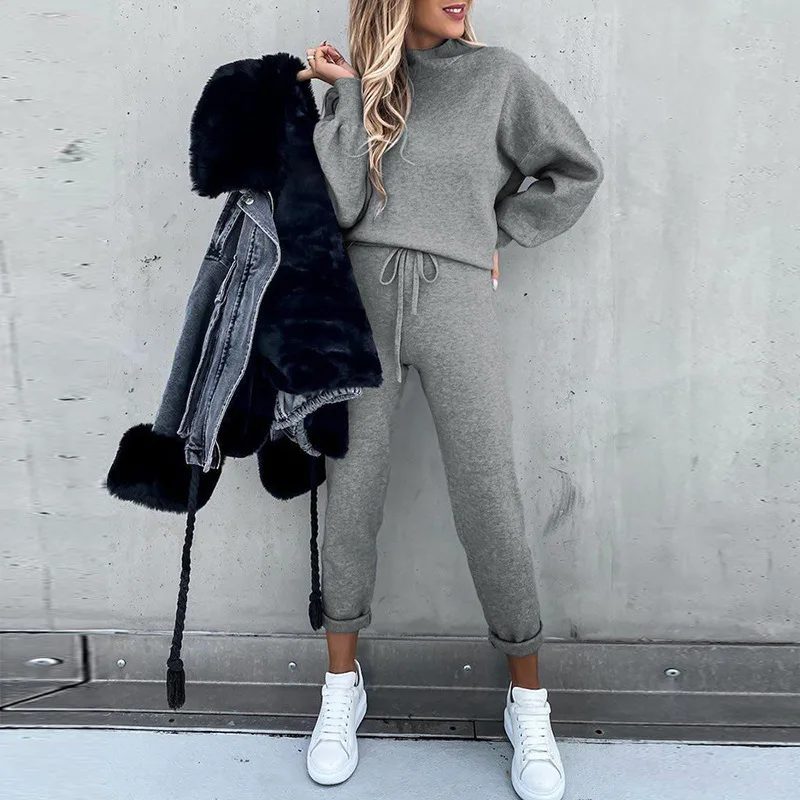 Spring Autumn Women\'s Clothing Set Female Solid Color Casual O-neck Collar Sweatshirt+ Drawstring Pants Lady\'s Two-piece Set