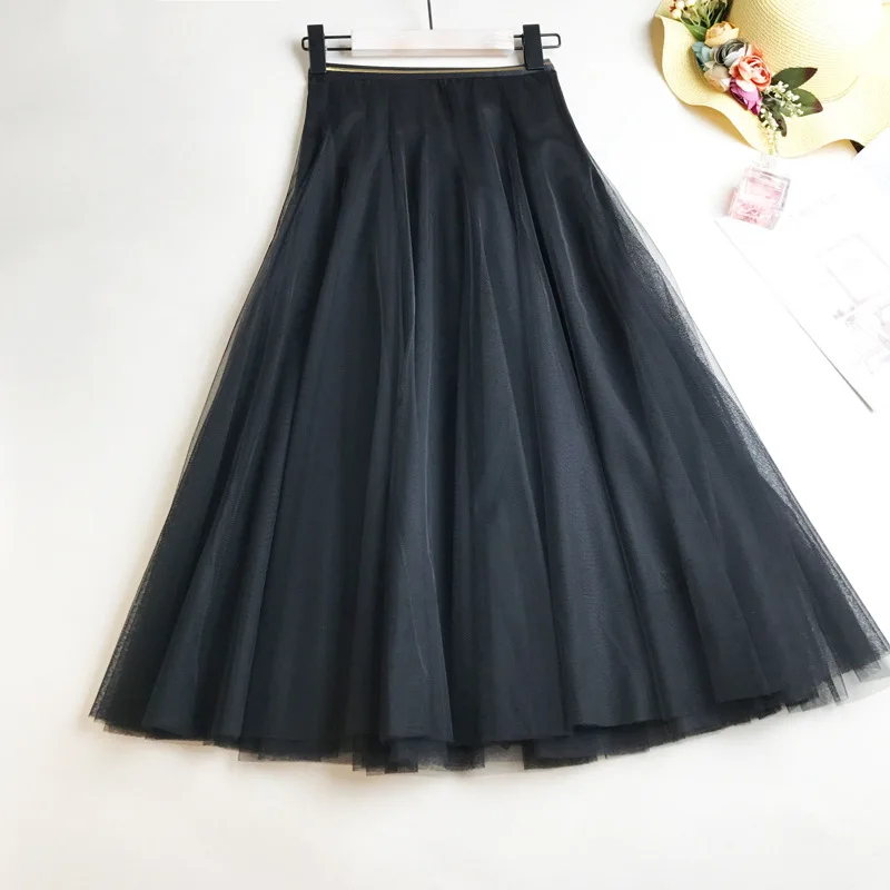 Été maille femmes jupe plissée solide taille haute une ligne Tulle jupes Chic longue Maxi Tutu jupe vacances plage Tulle jupe