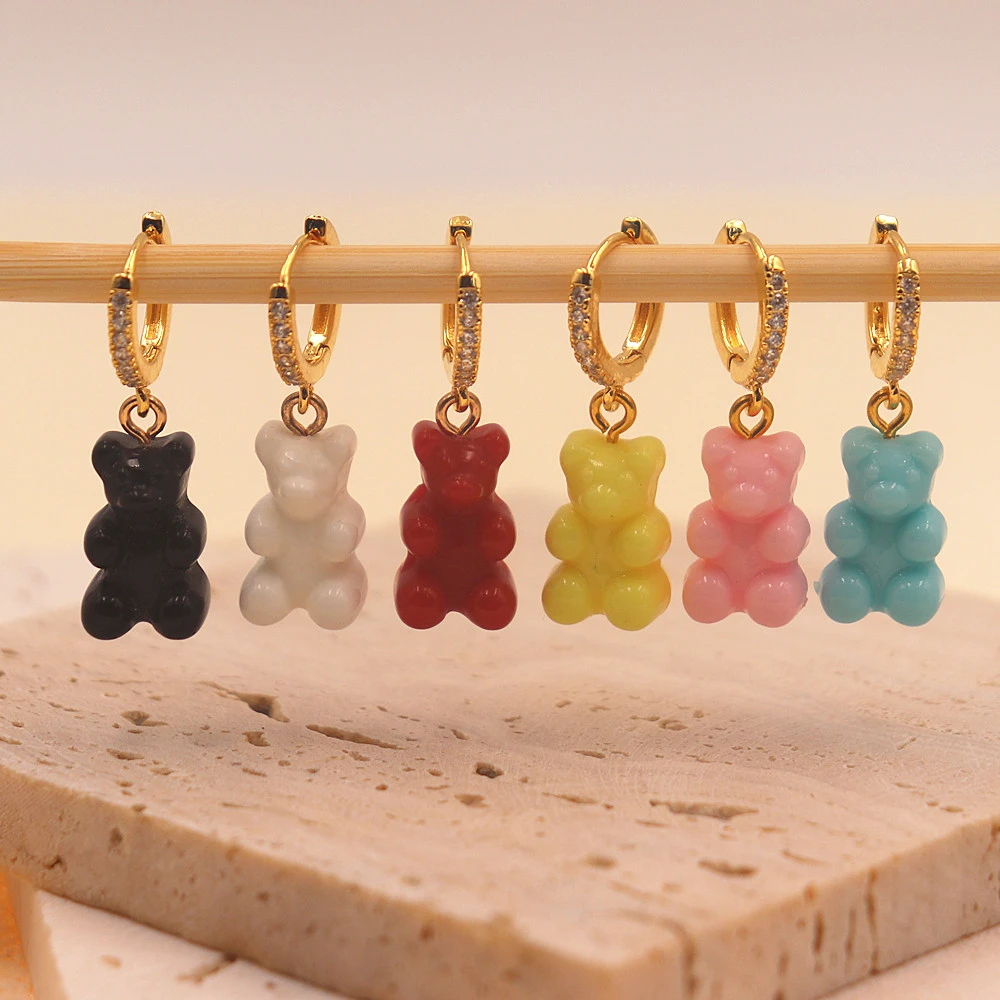 1pair Kpop Fashion Teddy Bear Hoop Earrings Gummy Bear Charm Brincos For Women Girls Neon Animal Jewelry Zircon Ears Party Gift