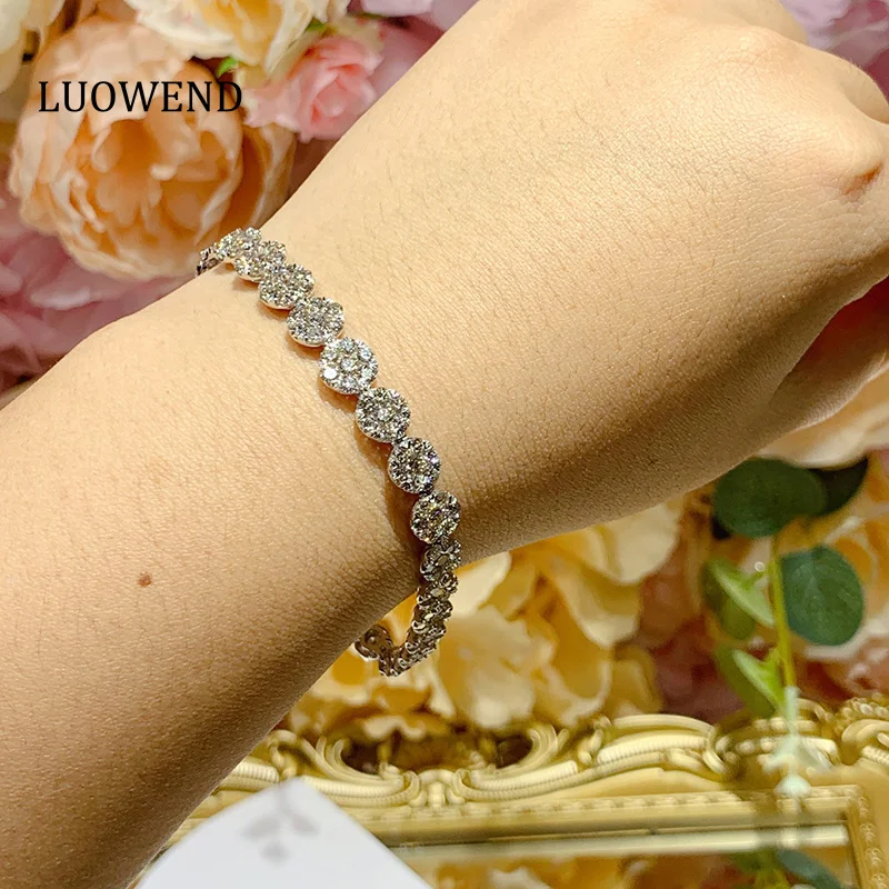 LUOWEND 100% 18K White Gold Bracelet Luxury Shiny Design 8.88carat Real Natural Diamond Bracelet for Women High Party Jewelry