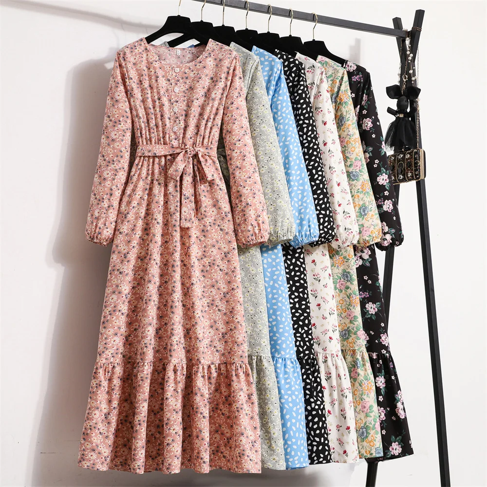 

Spring Summer Women's Long Sleeve Floral Print A-Line Dress Lace-Up Belt Bohemian Beach Dress Elegant Casual Maxi Dress for Lady