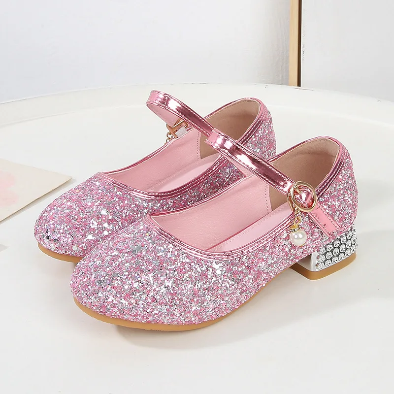 

2024 Children High Heels Sequins Crystal Kids Girls Party Wedding Dress Leather Shoes Sweet Elegant Princess Ballet Single Shoes