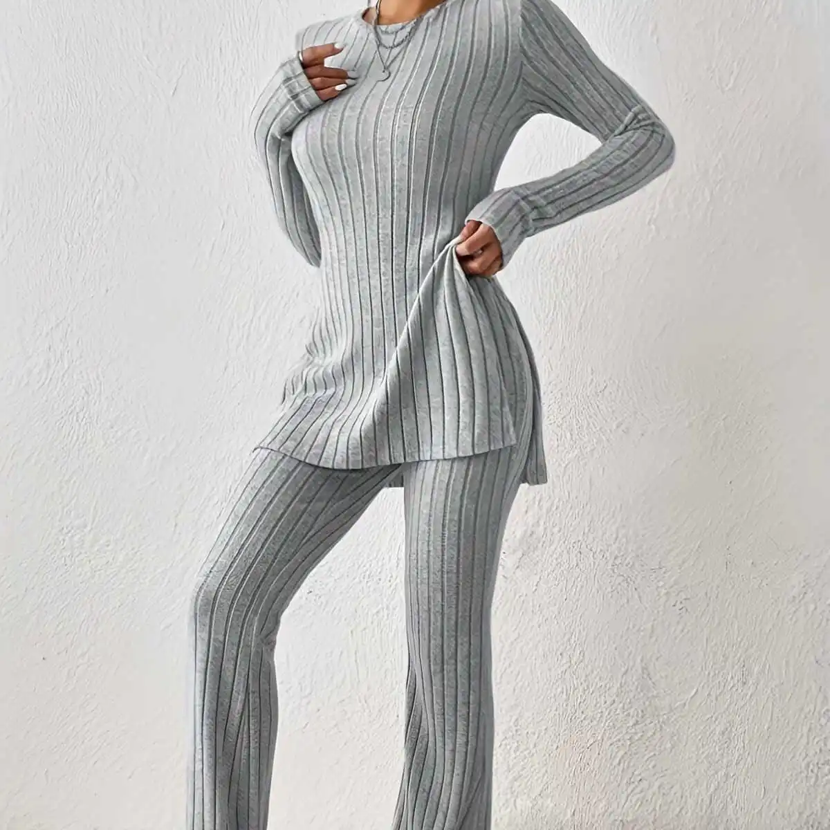 

Faionable Pure Color Slim Fit Повседневный комплект Ele Personali Женская одежда Полиэстер Длинный све круглый комплект из двух предметов