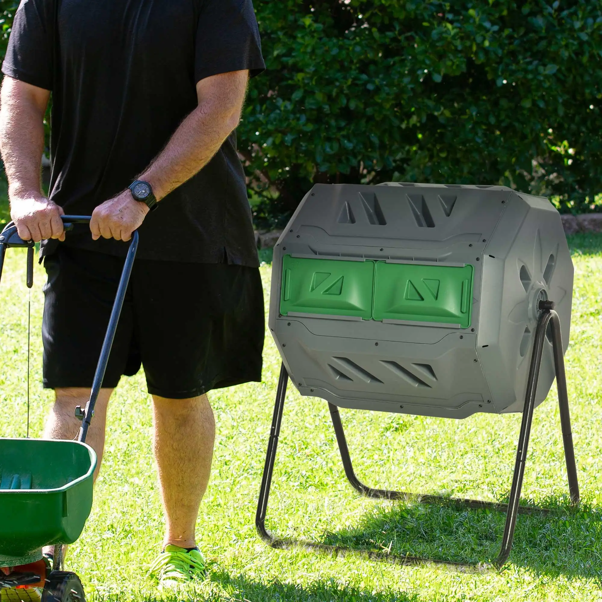Conteneur à compost rotatif 2 compartiments, baril rotatif de 160 L avec 8 trous de ventilation, engrais de jardin en papier, protection des cultures